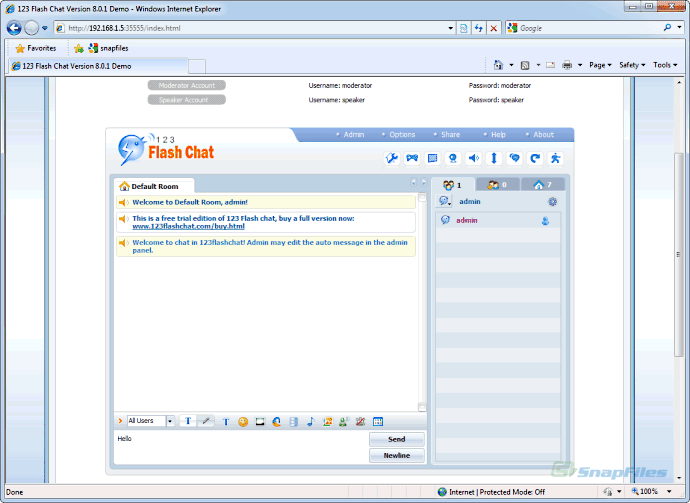 screen capture of 123 Flash Chat Server
