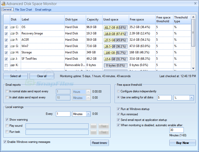 screen capture of Advanced Disk Space Monitor