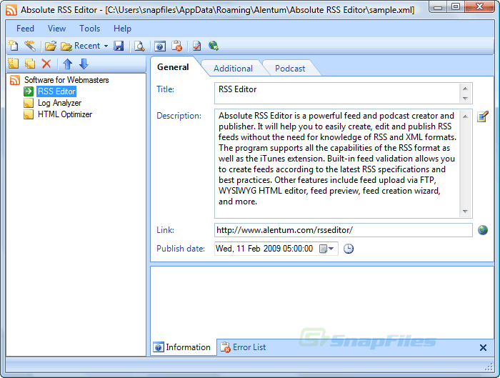 screen capture of Absolute RSS Editor