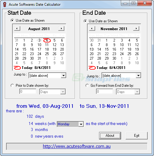 screen capture of Acute Date Calculator
