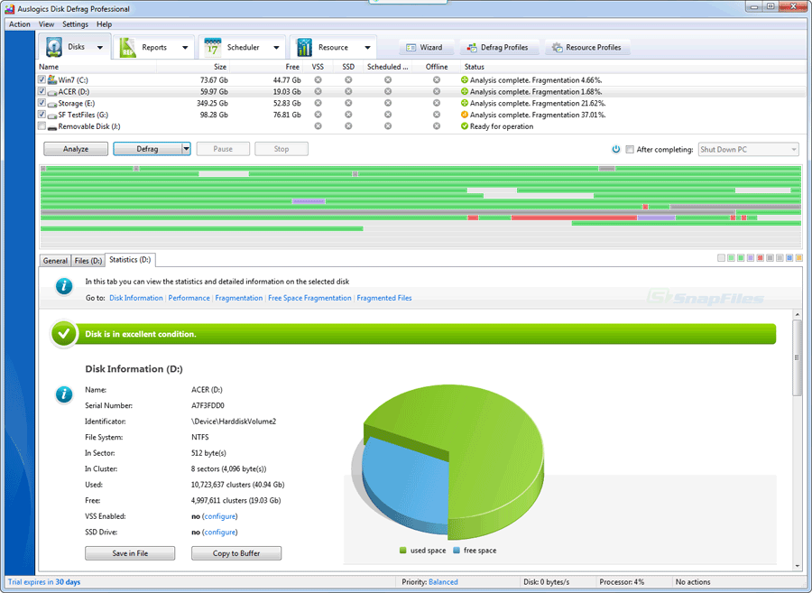 screen capture of Auslogics Disk Defrag Pro