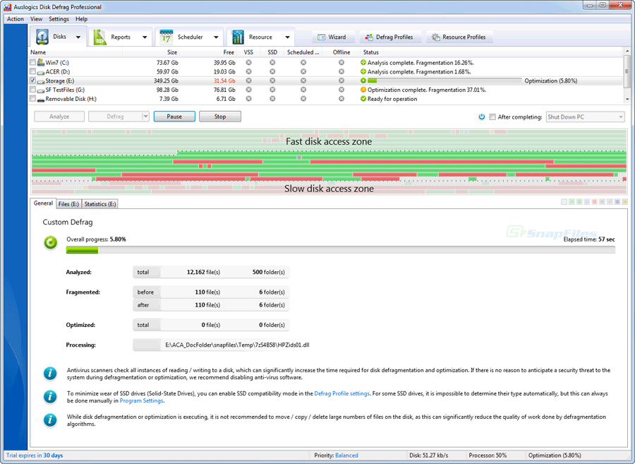 screenshot of Auslogics Disk Defrag Pro