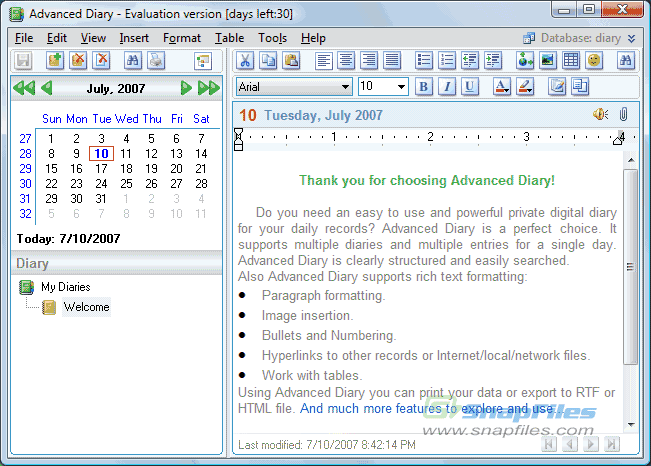 screen capture of Advanced Diary