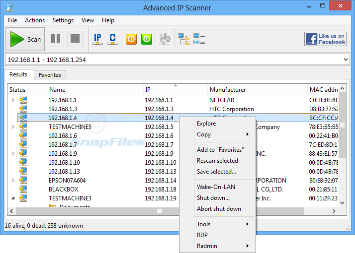 screen capture of Advanced IP Scanner
