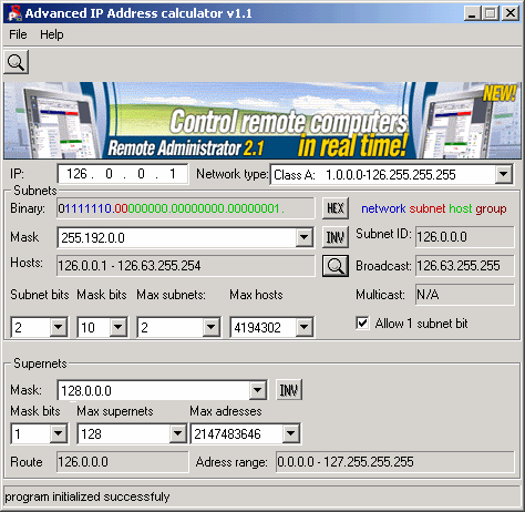 screen capture of Advanced IP Address Calculator