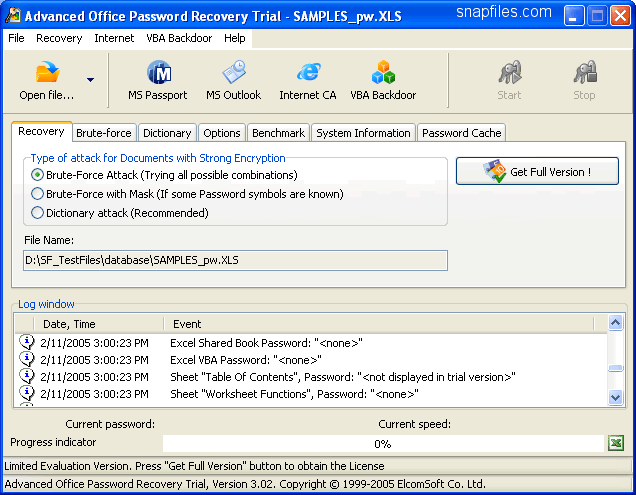 screen capture of Advanced Office Password Recovery