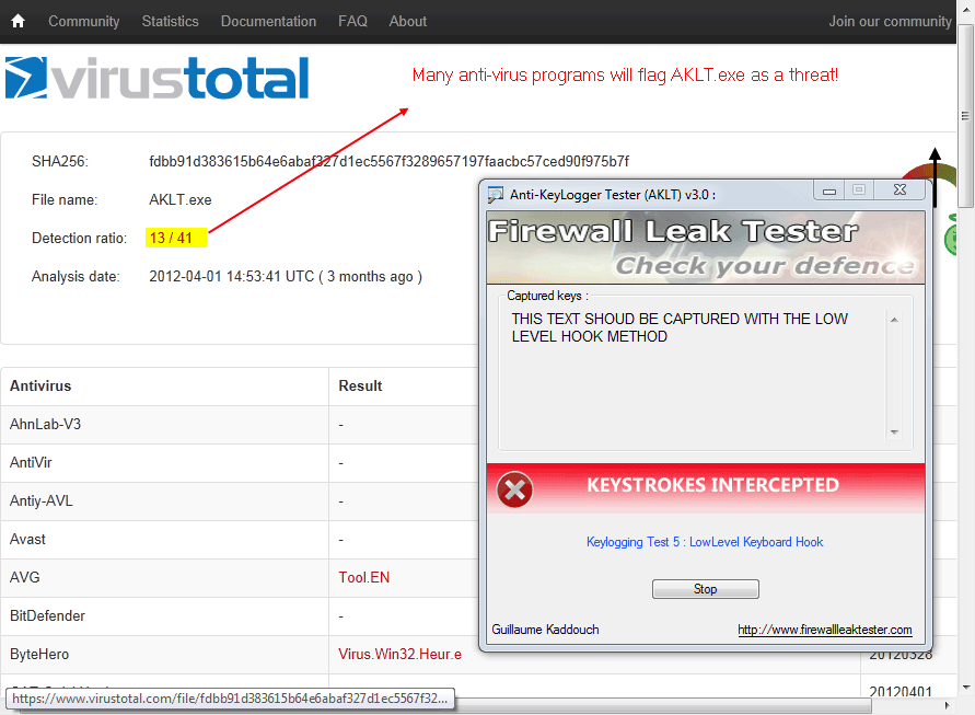 screenshot of Anti-Keylogger Tester (AKLT)