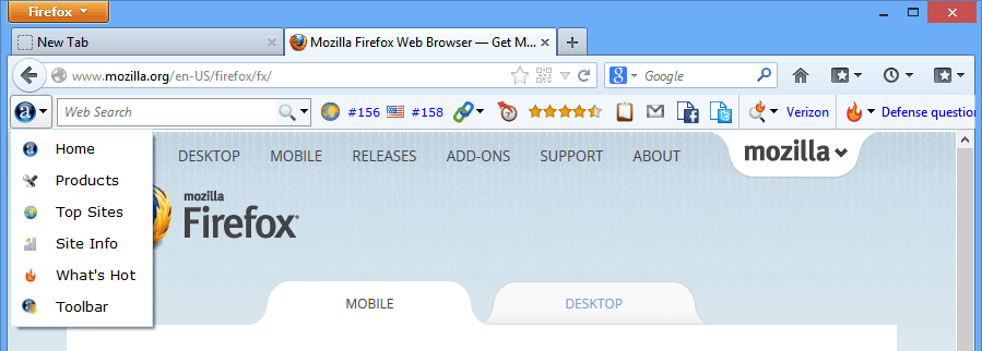 screen capture of Alexa Toolbar for Firefox