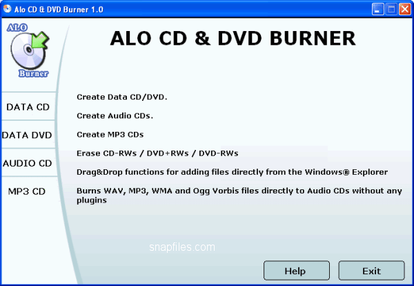 screen capture of ALO CD & DVD Burner
