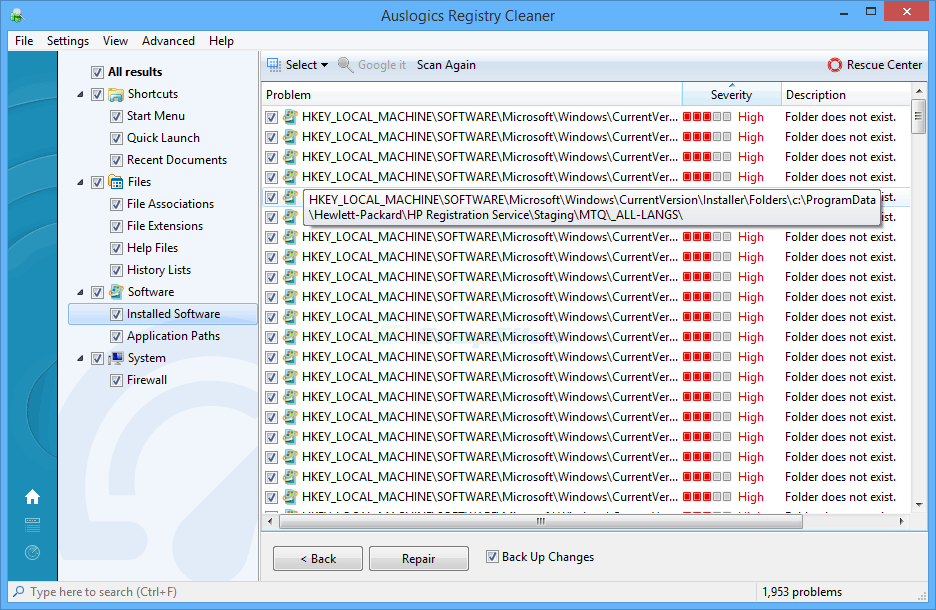 screenshot of Auslogics Registry Cleaner