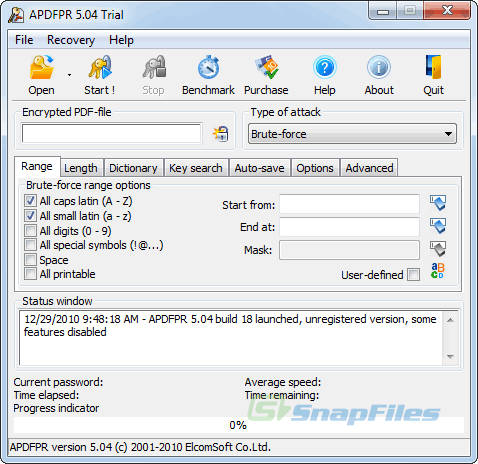 screen capture of Advanced PDF Password Recovery