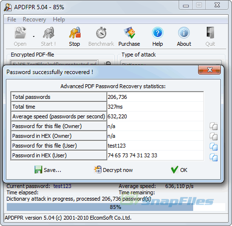 screenshot of Advanced PDF Password Recovery