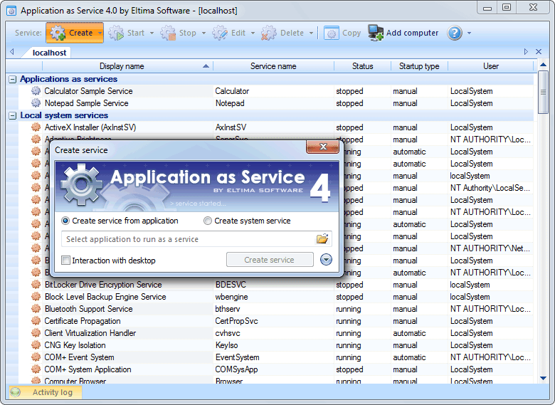 screen capture of Application As Service
