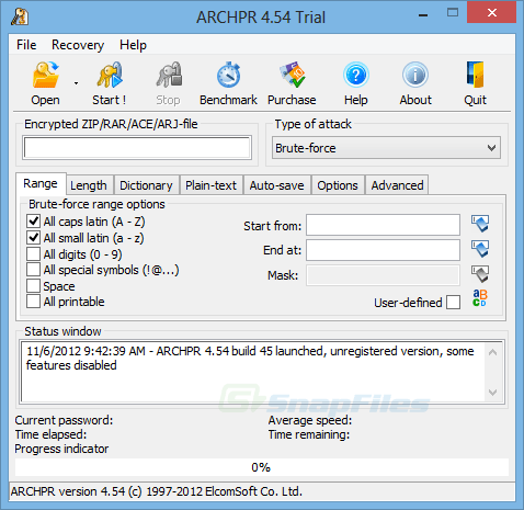 screen capture of Advanced Archive Password Recovery