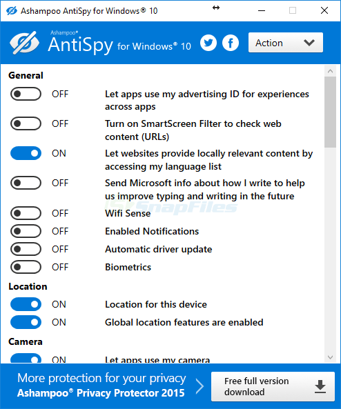 screen capture of Ashampoo AntiSpy