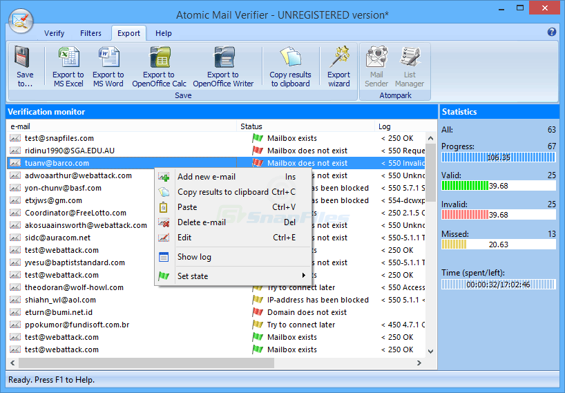 screenshot of Atomic Mail Verifier