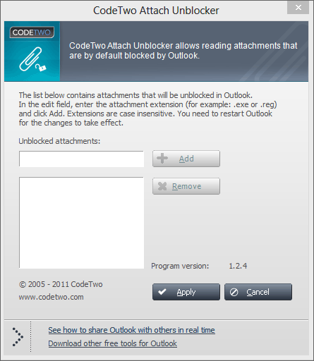 screen capture of CodeTwo Attach Unblocker