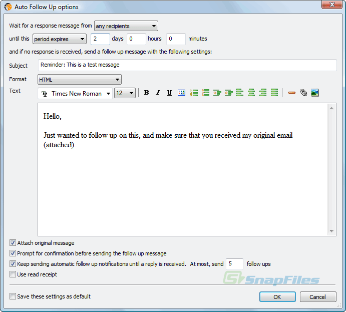 screenshot of Auto Follow Up for Outlook