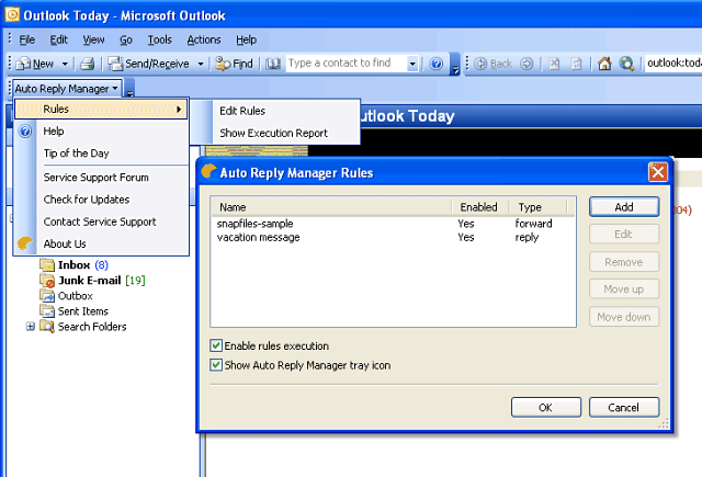 screen capture of Auto Reply Manager for Outlook