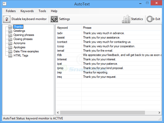 screen capture of AutoText