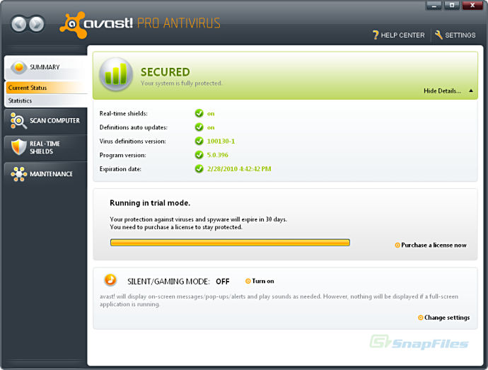 screen capture of avast!  Professional Edition