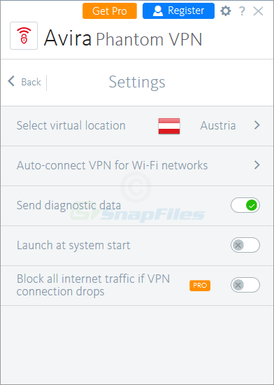screenshot of Avira Phantom VPN