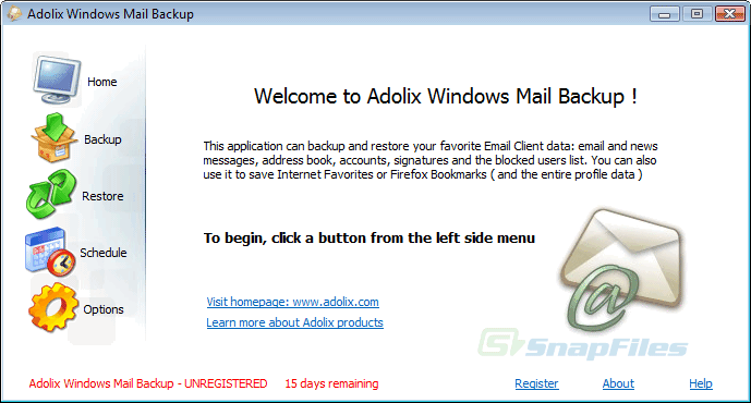 screen capture of Adolix Windows Mail Backup
