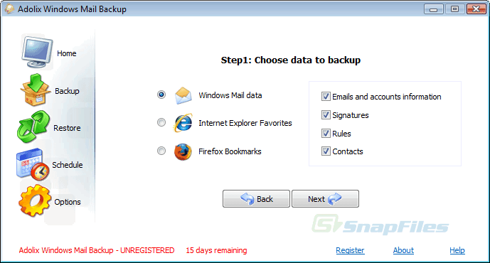 screenshot of Adolix Windows Mail Backup