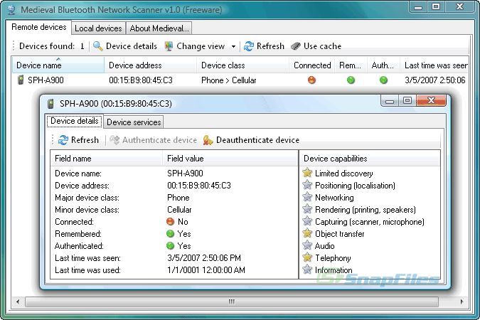 screen capture of Medieval Bluetooth Network Scanner