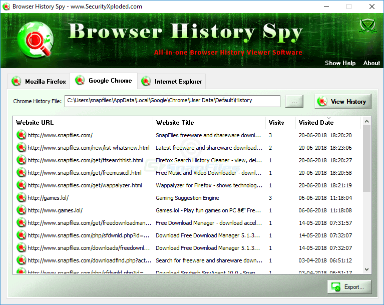 screen capture of Browser History Spy