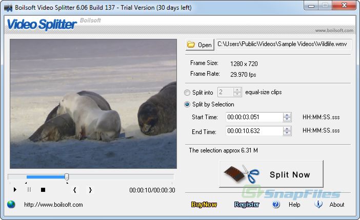 screen capture of Boilsoft Video Splitter