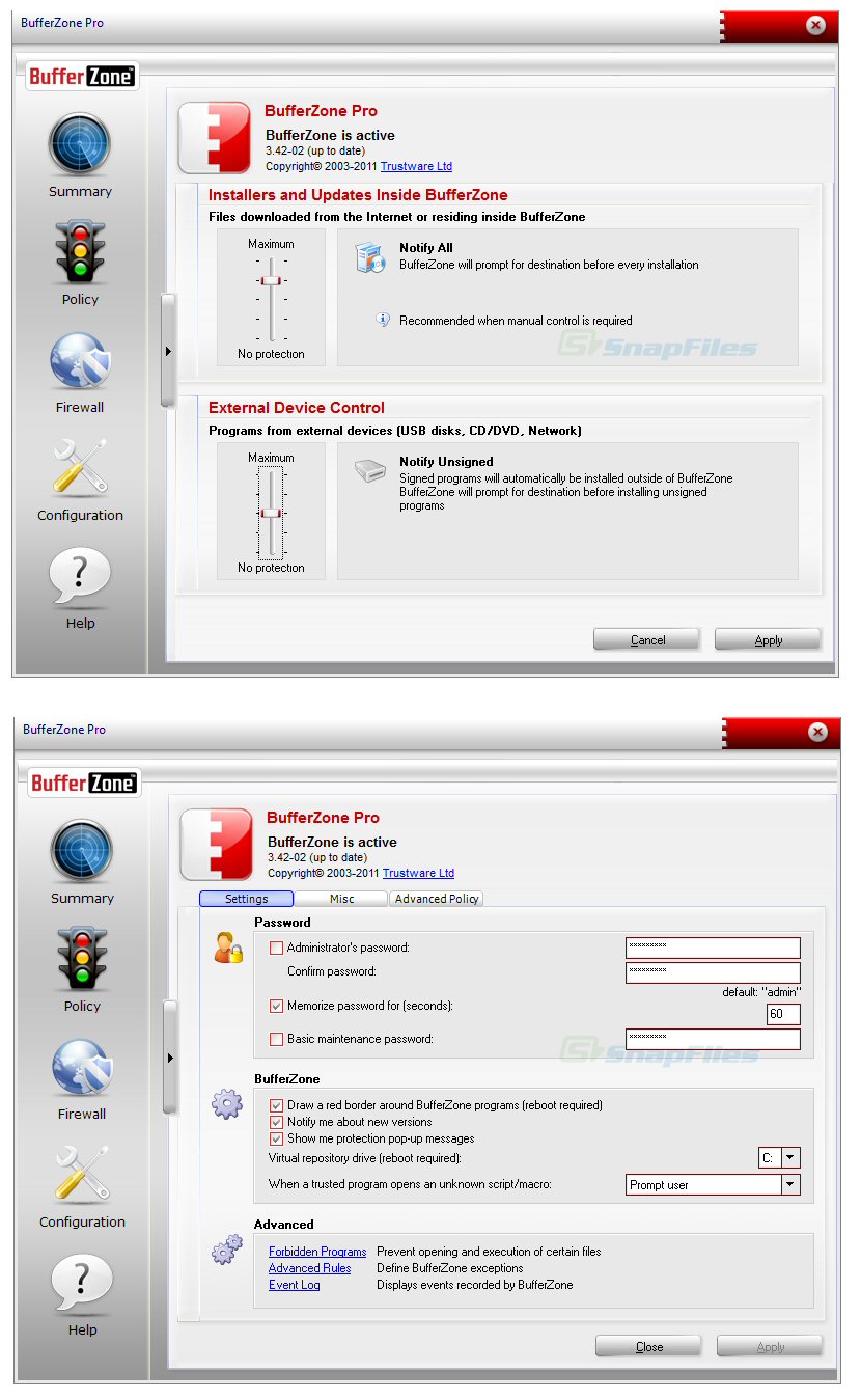 screenshot of BufferZone Pro