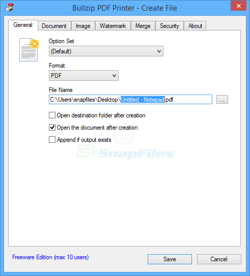 screen capture of BullZip PDF Printer
