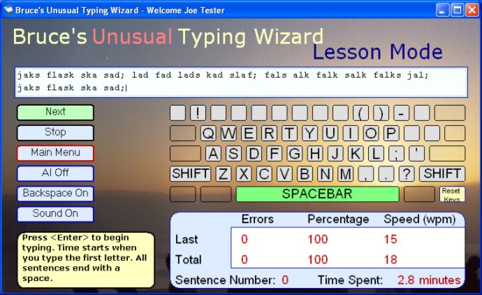 screen capture of Bruce`s Unusual Typing Wizard