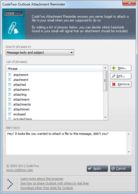 screen capture of CodeTwo Outlook Attachment Reminder