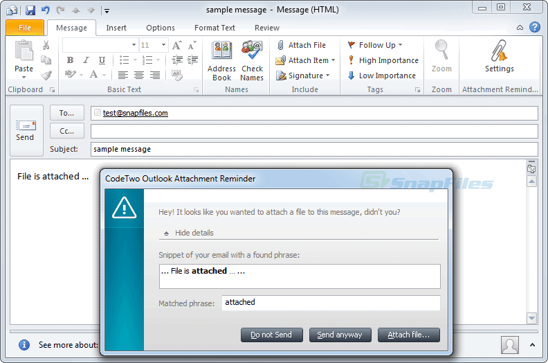 screenshot of CodeTwo Outlook Attachment Reminder