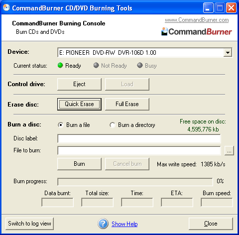 screen capture of CommandBurner
