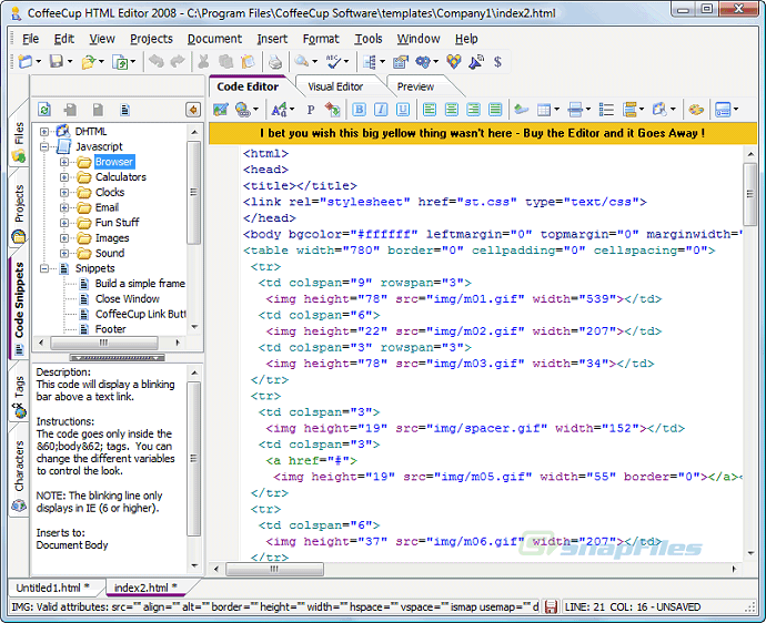 screen capture of CoffeeCup HTML Editor