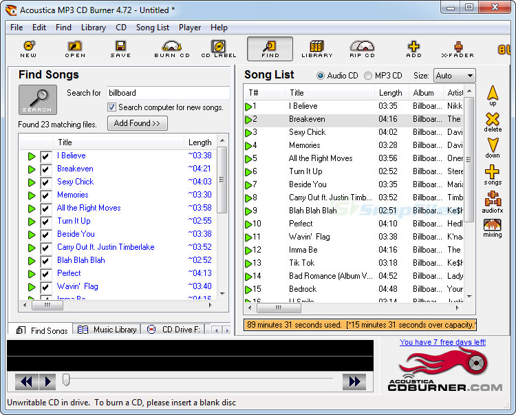 screen capture of Acoustica MP3 CD Burner