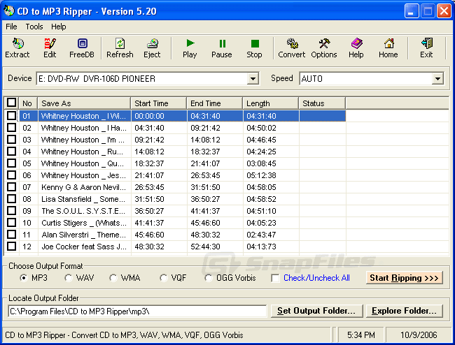 screen capture of CD to MP3 Ripper