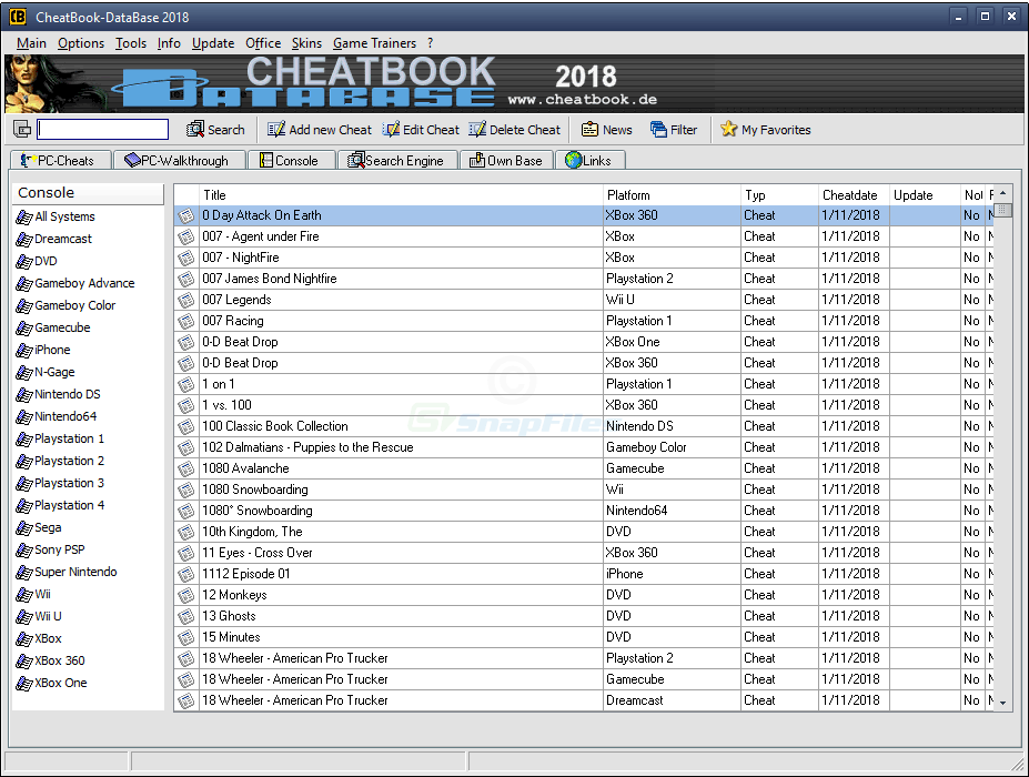 screen capture of CheatBook Database