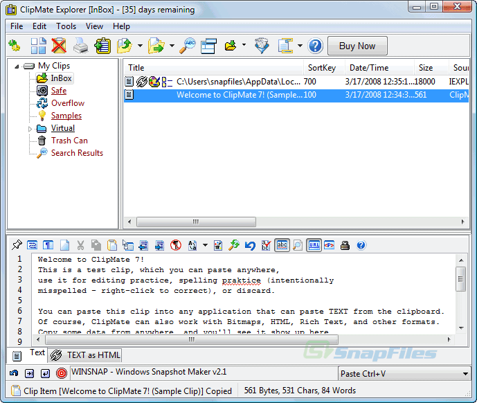 screen capture of ClipMate