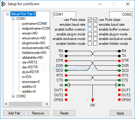 screen capture of Null-modem Emulator (com0com)