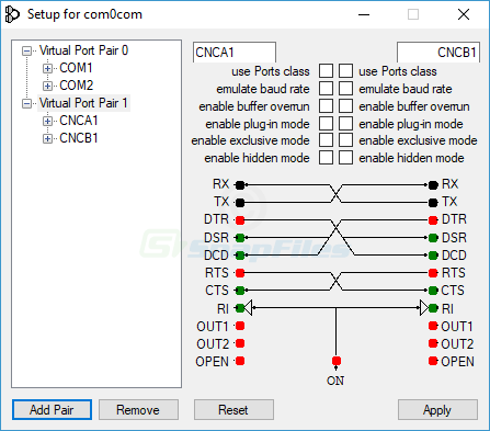 screenshot of Null-modem Emulator (com0com)