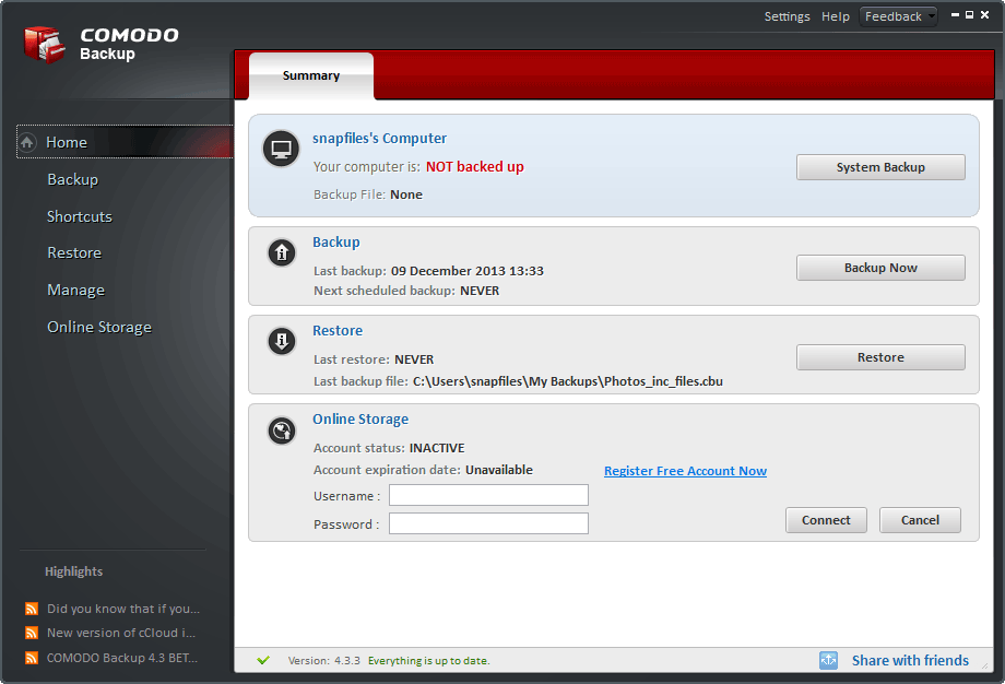 screen capture of Comodo Backup