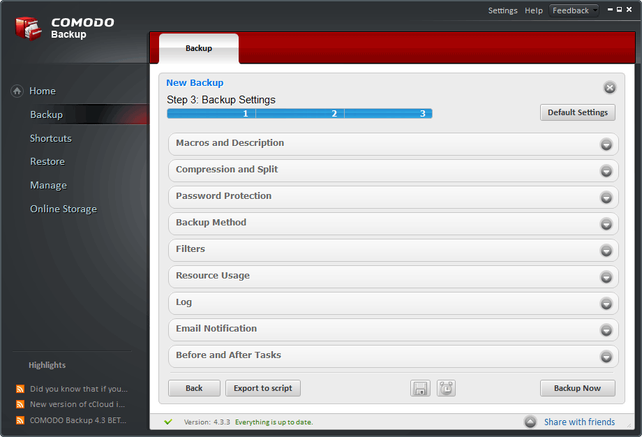 screenshot of Comodo Backup