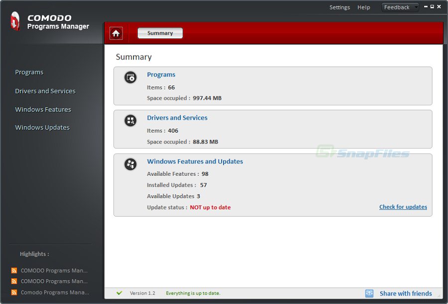 screen capture of Comodo Programs Manager