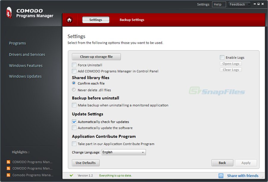 screenshot of Comodo Programs Manager