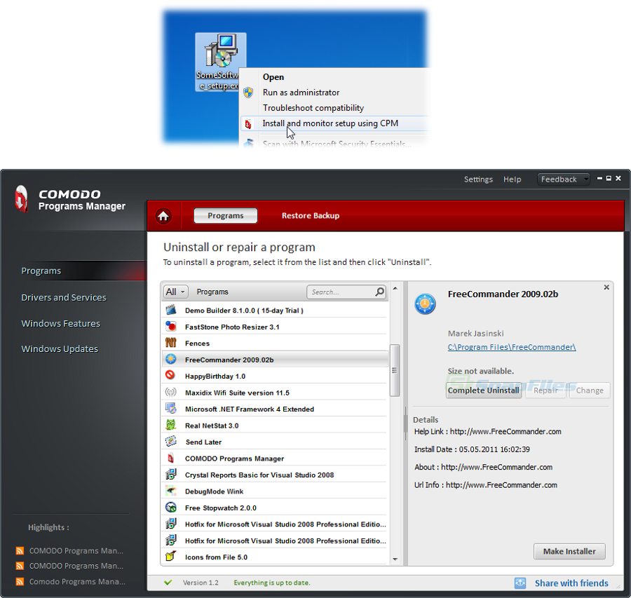 screenshot of Comodo Programs Manager