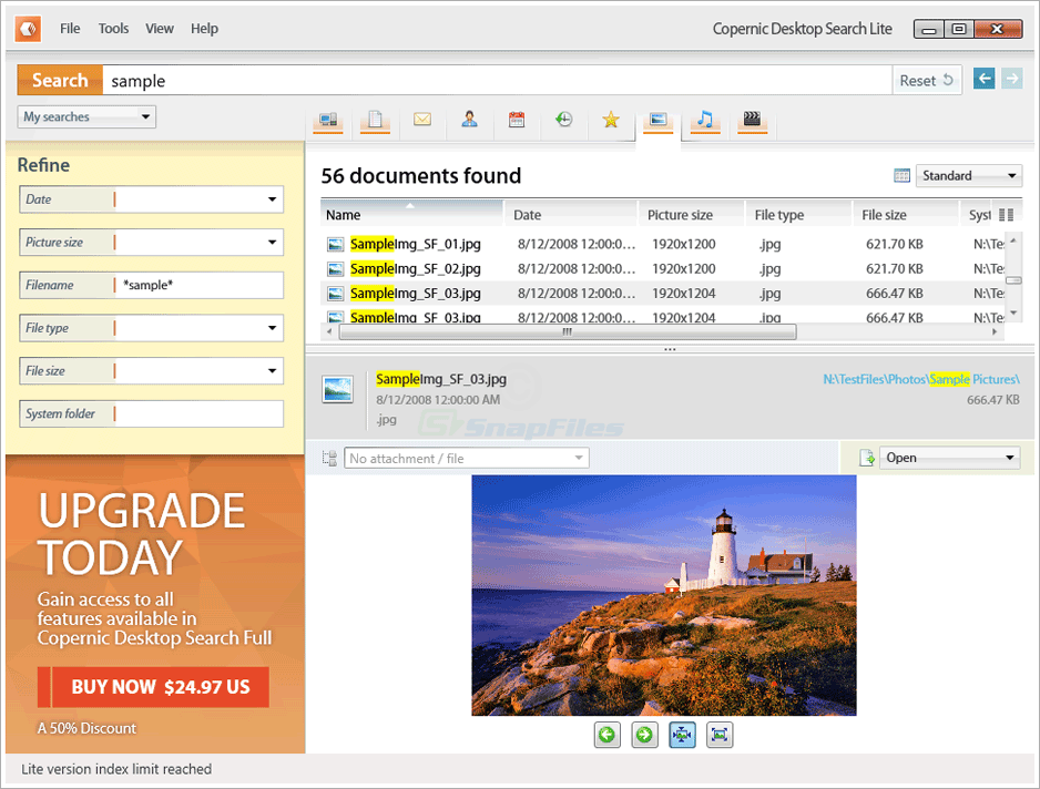 screenshot of Copernic Desktop Search Lite